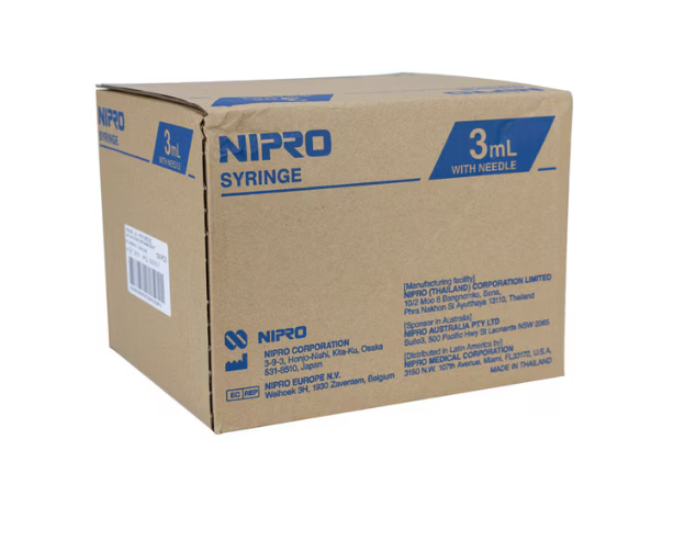 Nipro 3ml Syringe with 22 Gauge 1.5 inch Needle 100 Count