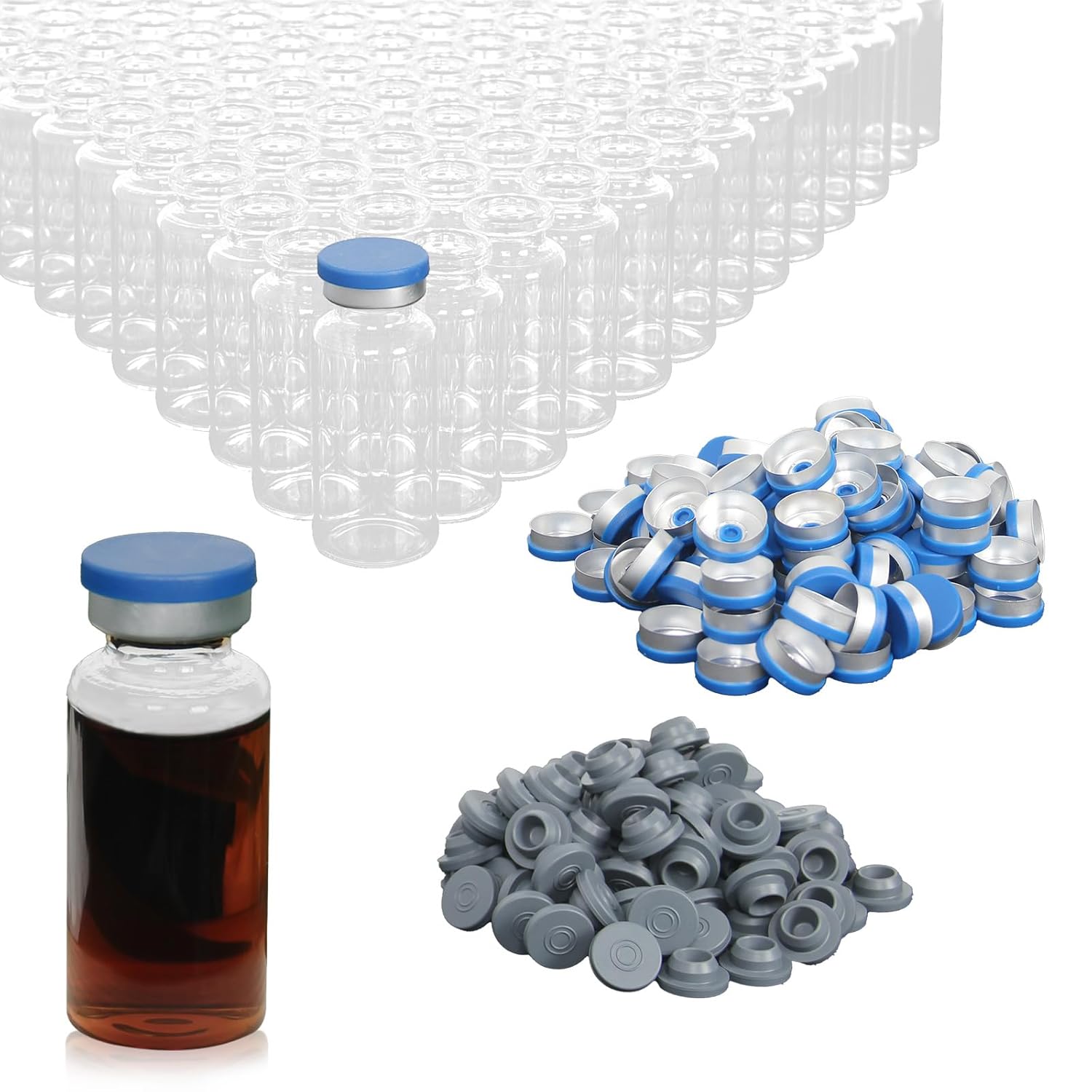 20ml Clear Glass Vials with Plastic-Aluminum Flip Caps and Rubber Injection Stoppers